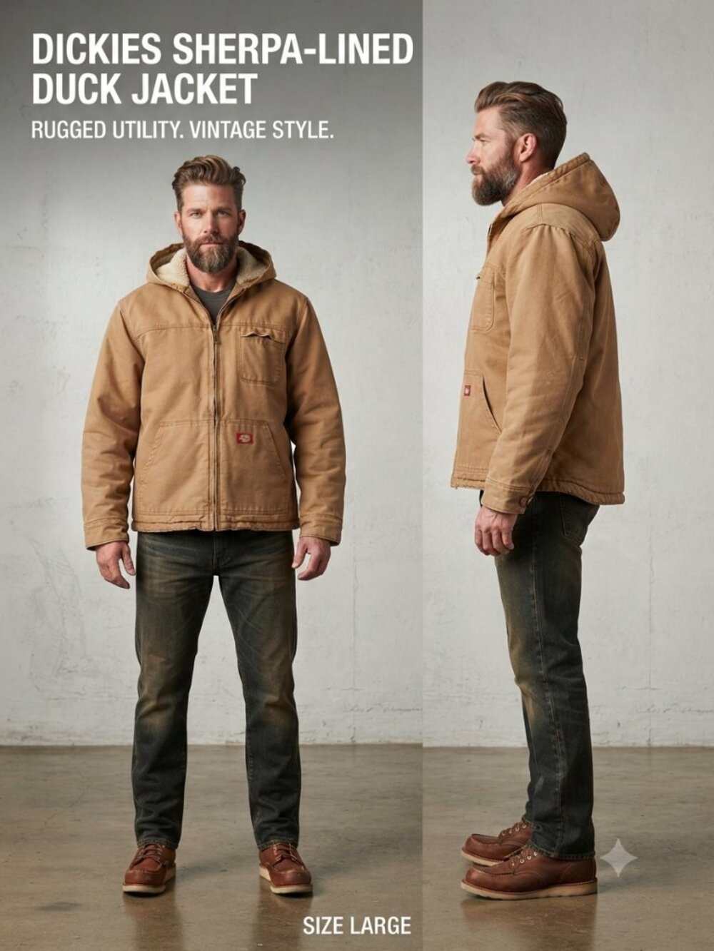 Dickies Duck Canvas Work Jacket Sherpa Lined Hooded Khaki/Brown Men's Size Large